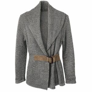Soft Surroundings Gray Wool Blend Suede Belt Shawl Cardigan Sweater Size S